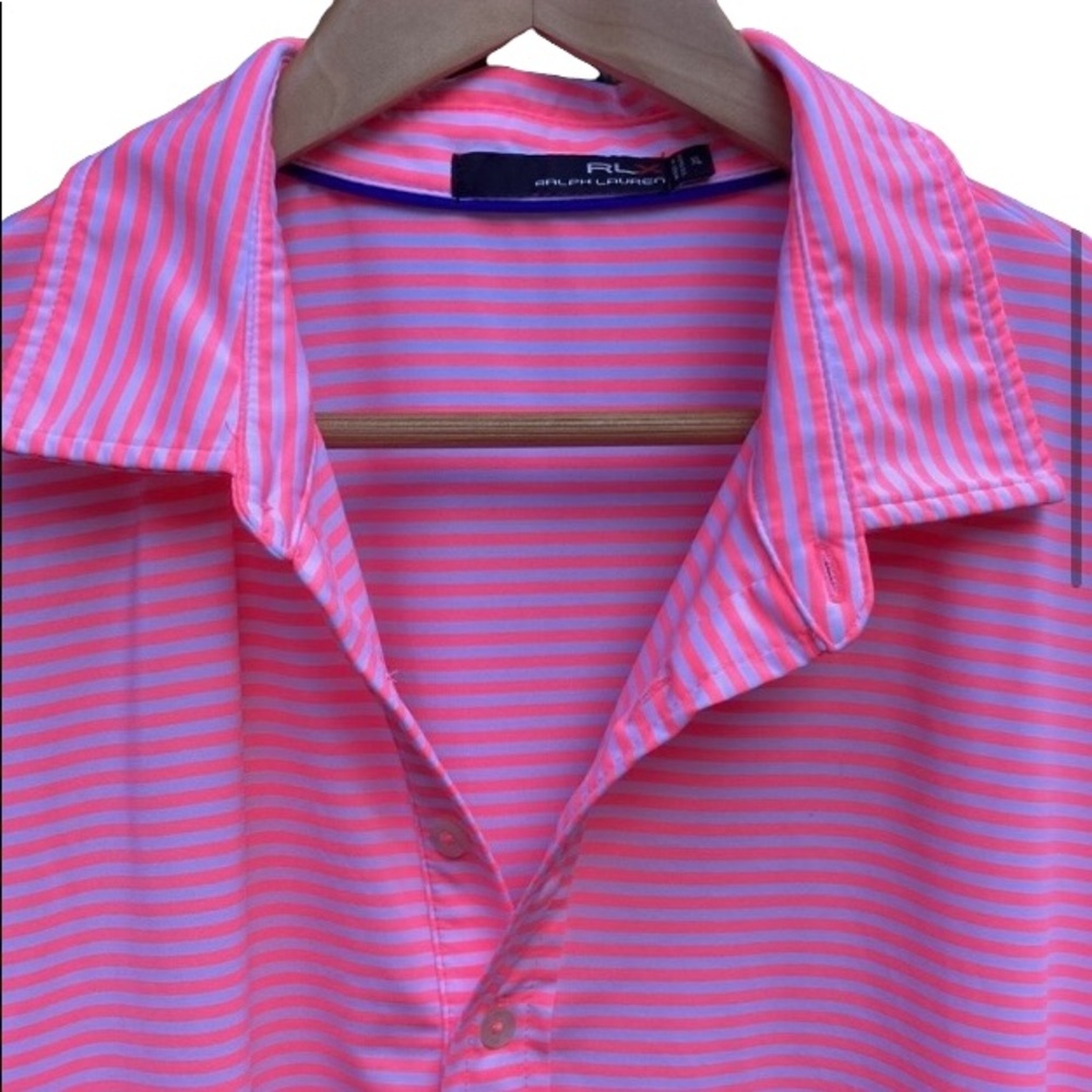 Ralph Lauren RLX neon pink and white striped men’s polo shirt, Size XL (J1001)
